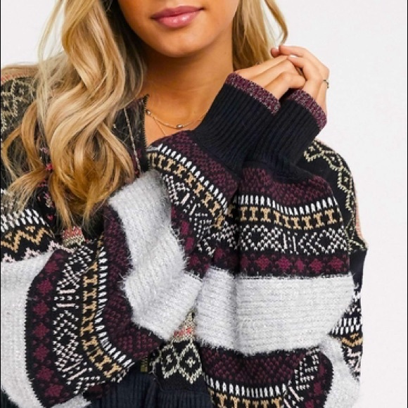 FREE PEOPLE COZY COTTAGE METALLIC HOLIDAY SWEATER